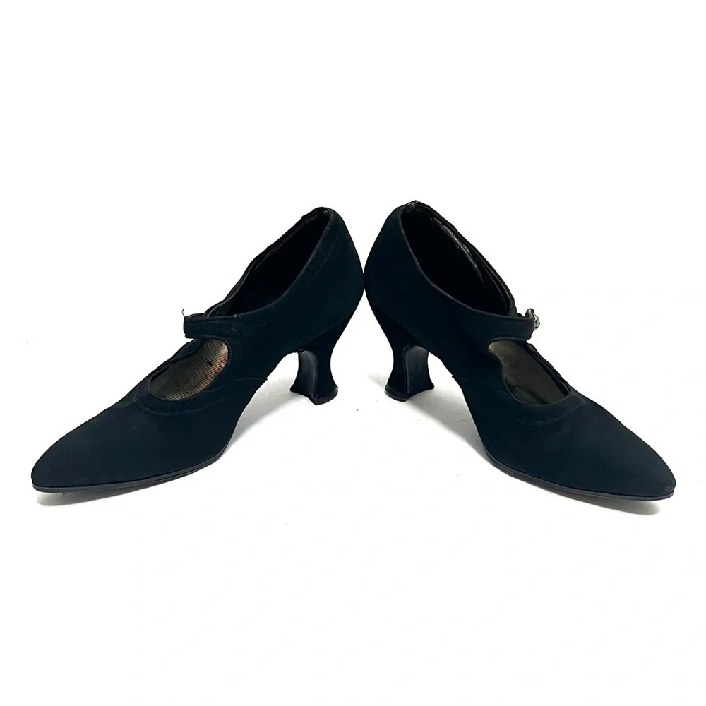Vintage 1940s black suede pointed toe rhinestone button Mary Jane heels